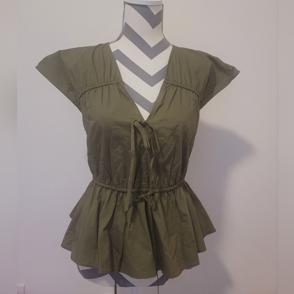 INC International Concepts Women Sz XS Ruched Cotton V-Neck Olive Green Blouse